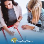 Two women sitting at a table looking at a piece of paper containing details on how to pay payday loans off fast